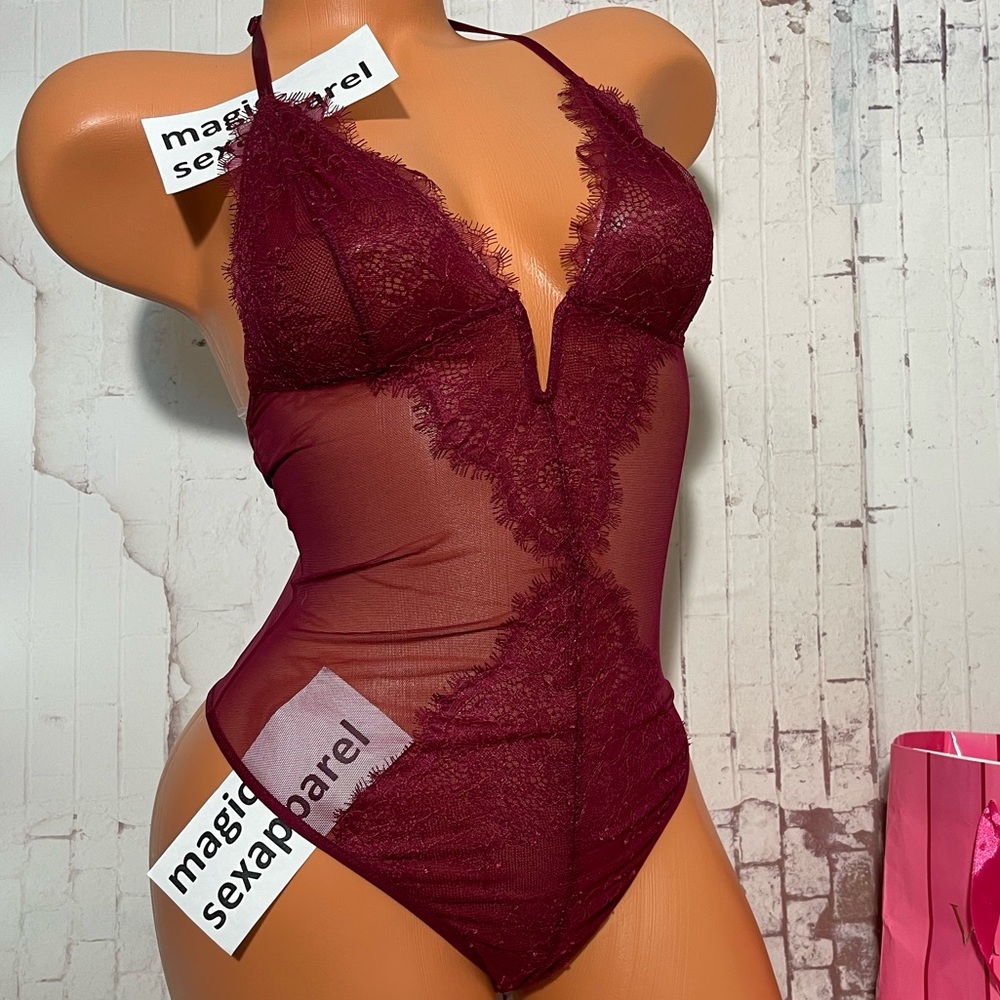VS S M L VERY SEXY TEDDY V PLUNGE LACE MESH TEDDY BODYSUIT